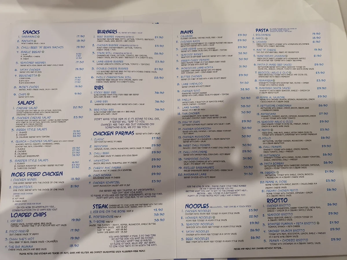 Menu, Lazy Moes Mildura