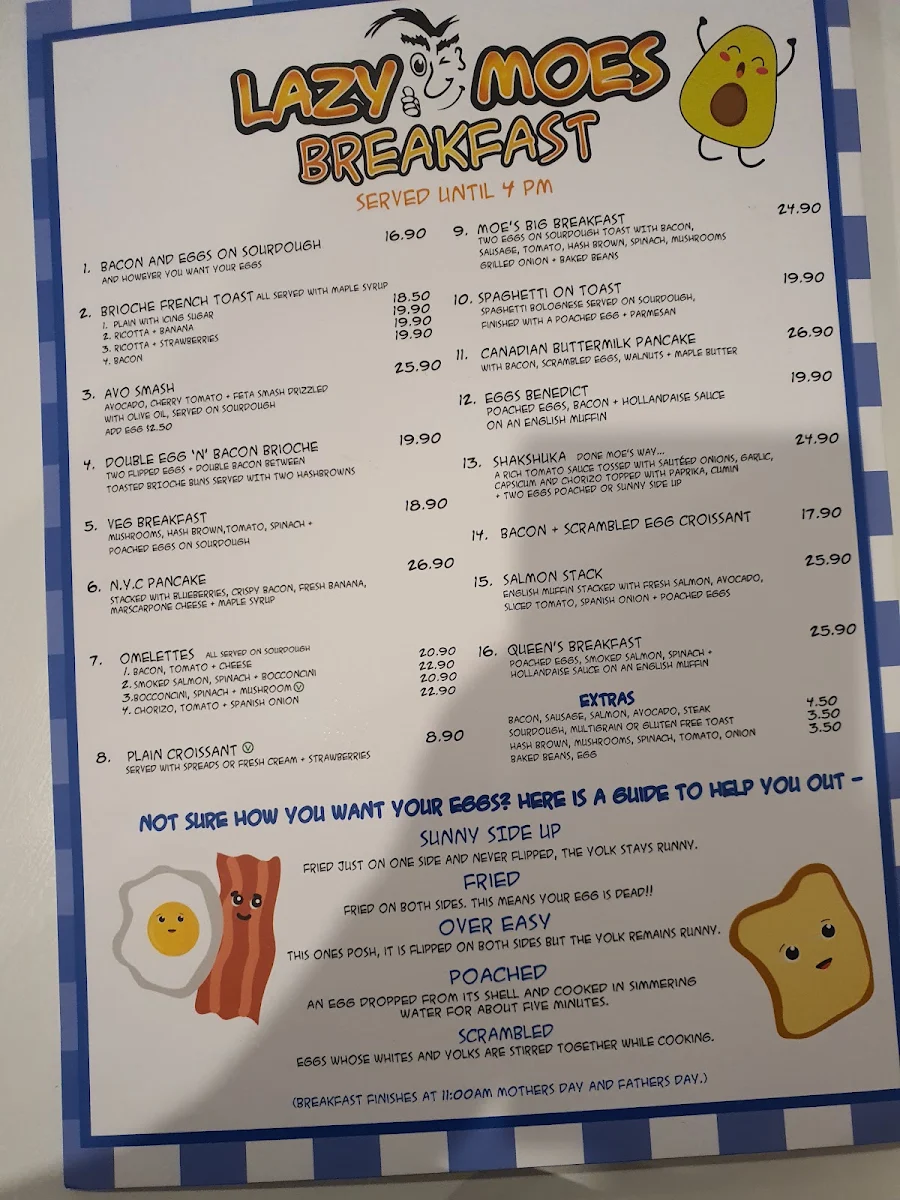 Menu, Lazy Moes Mildura
