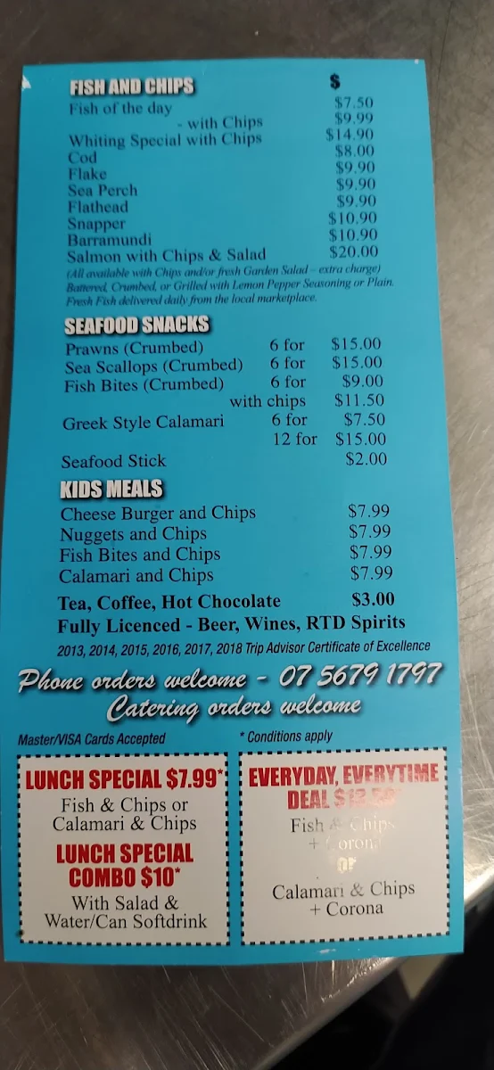 Menu, Caught 'n Cooked Fish & Chips Broadbeach