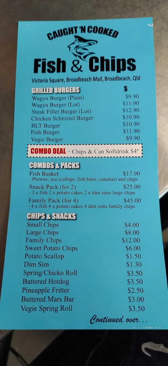 Menu, Caught 'n Cooked Fish & Chips Broadbeach