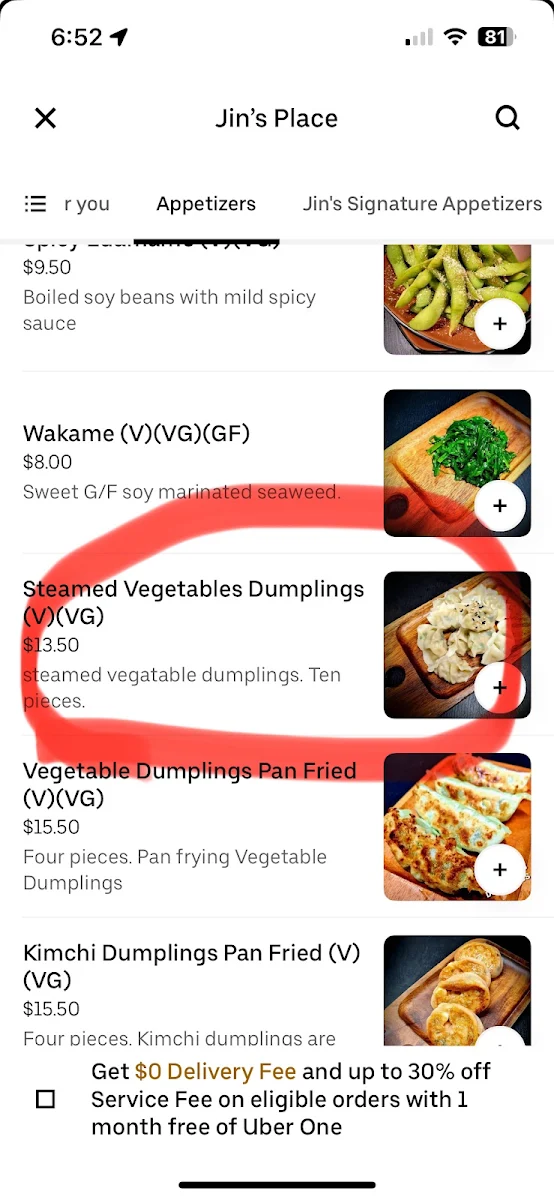 Menu, JIN'S PLACE