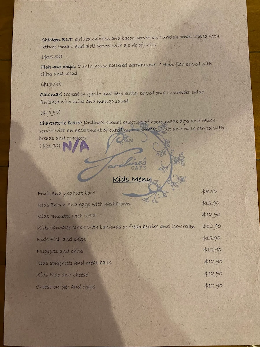 Menu, Jardine's Cafe Wagga