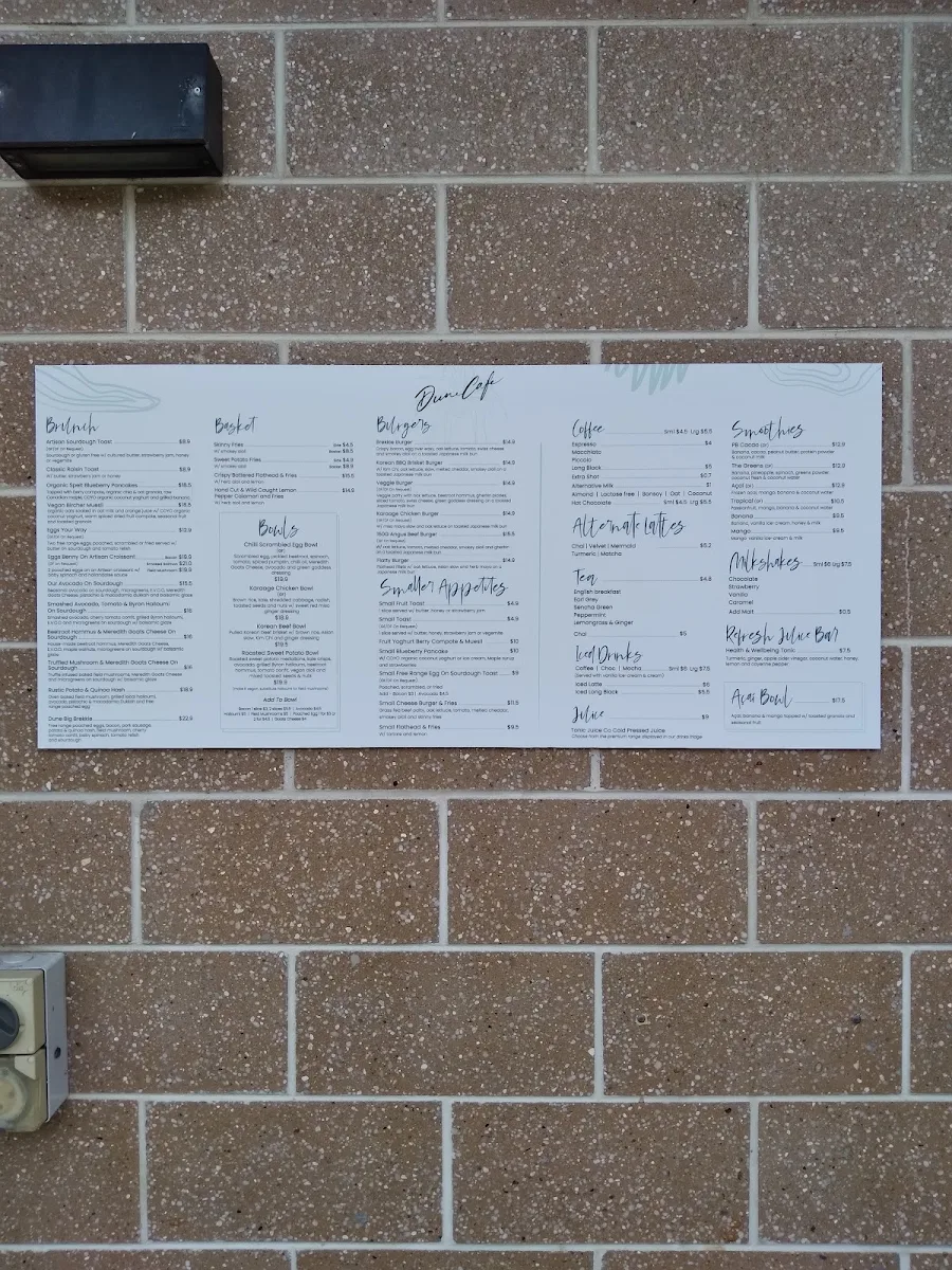 Menu, Dune Cafe, Currumbin