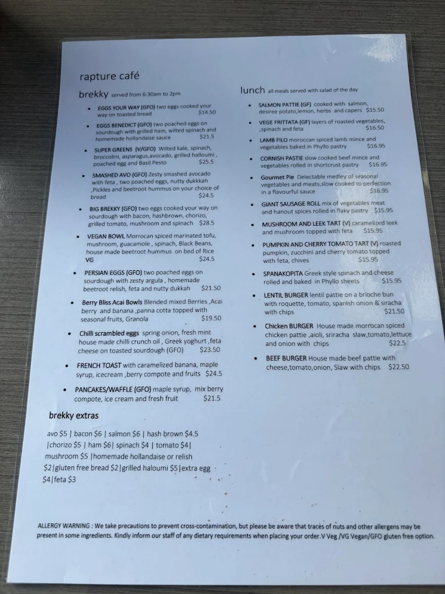 Menu, Rapture Cafe