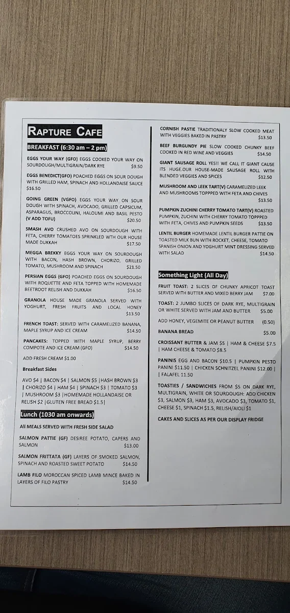 Menu, Rapture Cafe