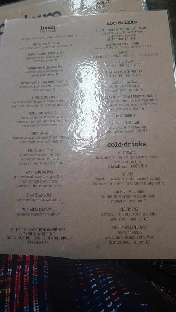 Menu, Rapture Cafe