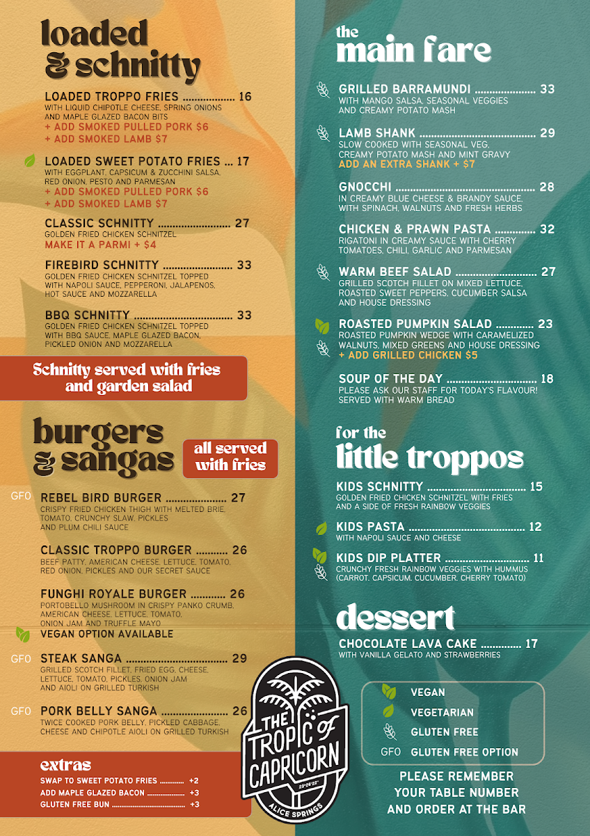 Menu, Tropic of Capricorn Beer Garden
