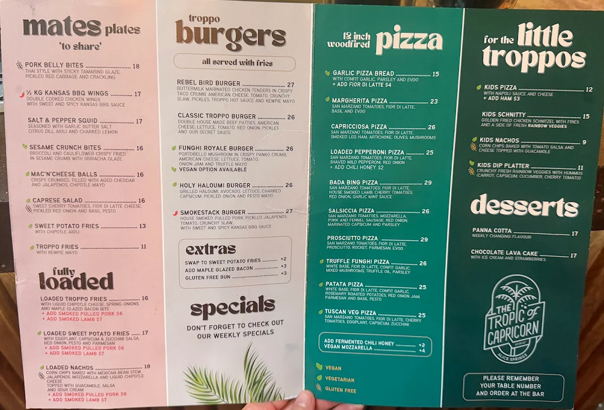 Menu, Tropic of Capricorn Beer Garden