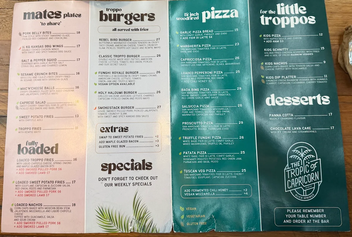 Menu, Tropic of Capricorn Beer Garden