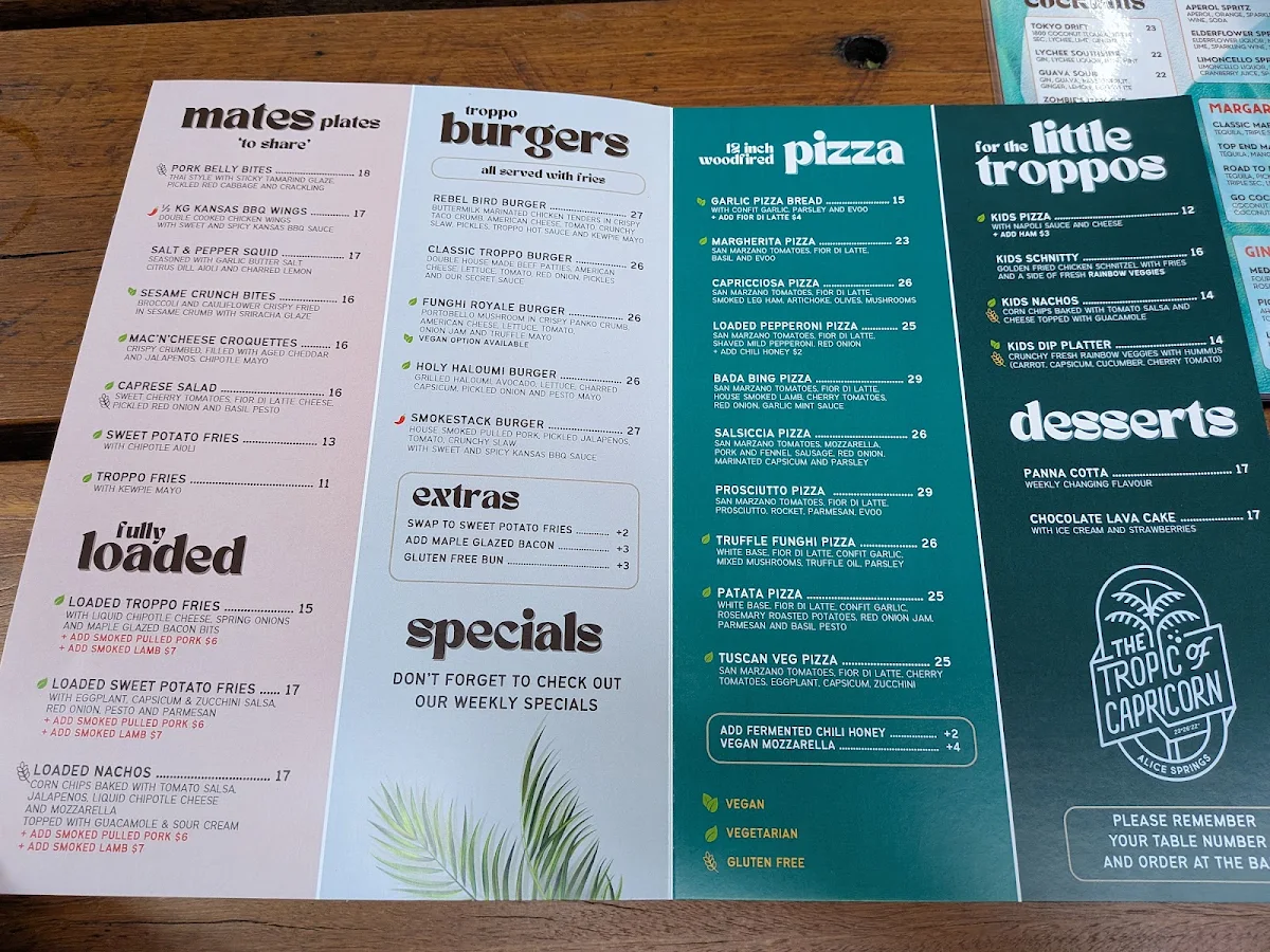 Menu, Tropic of Capricorn Beer Garden