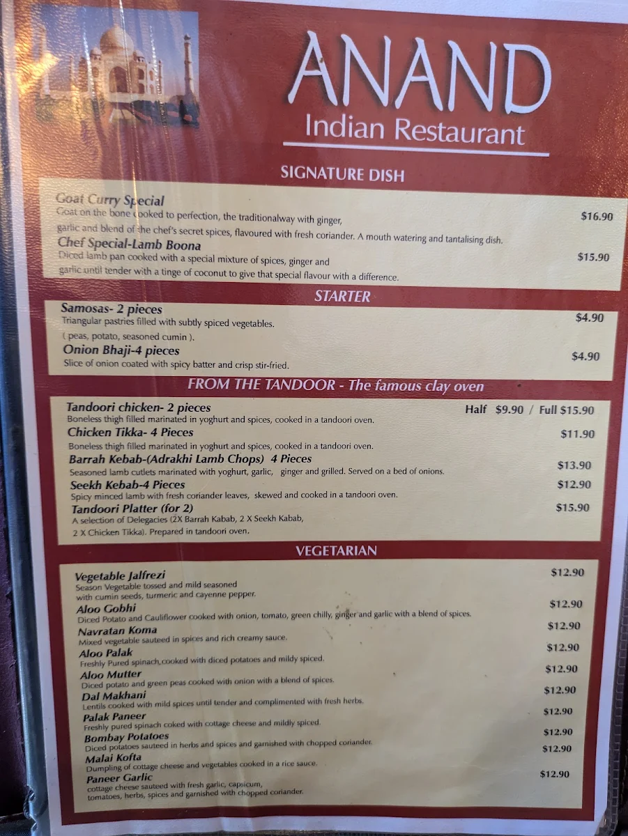 Menu, Anand Indian Restaurant