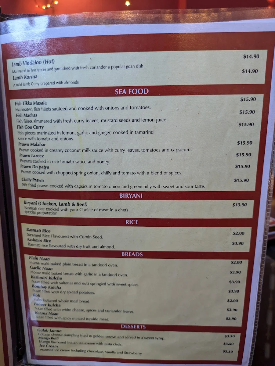 Menu, Anand Indian Restaurant