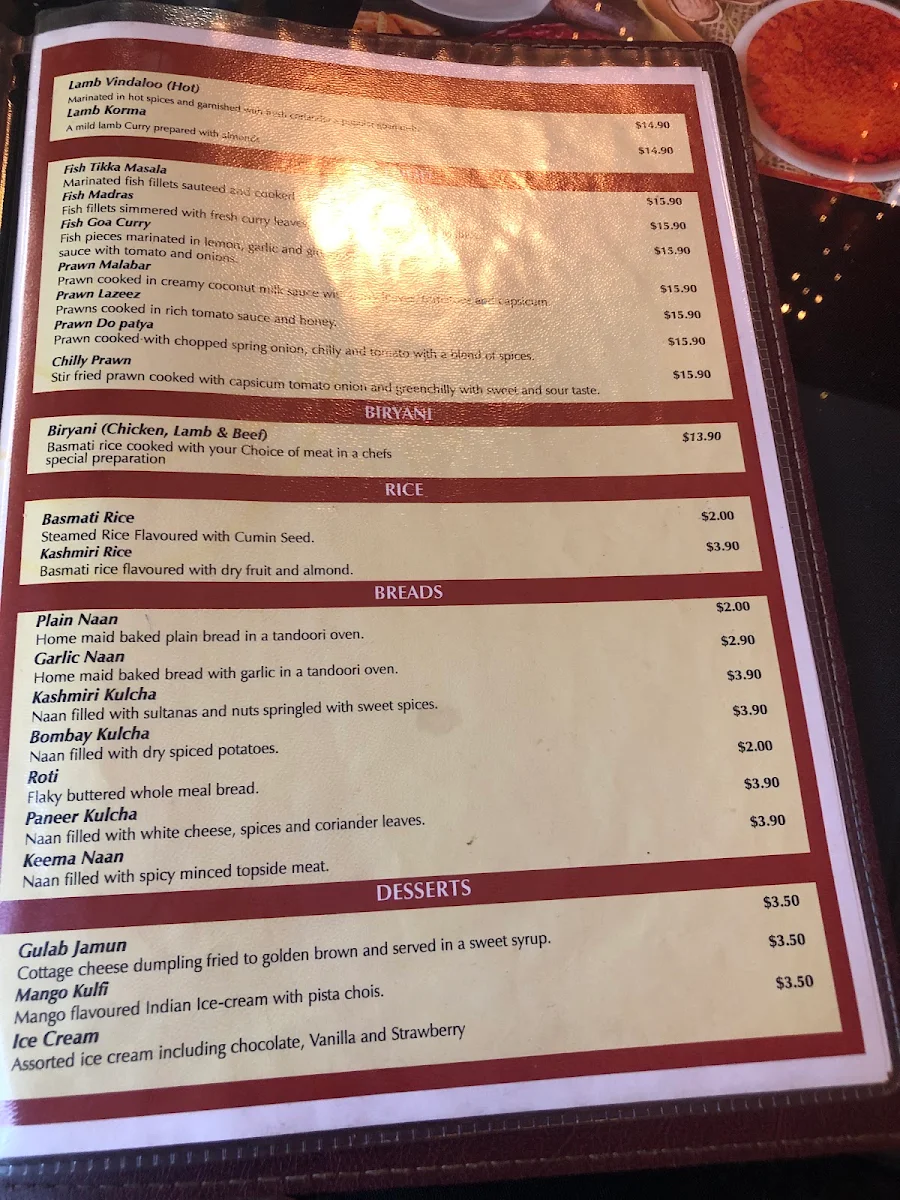 Menu, Anand Indian Restaurant