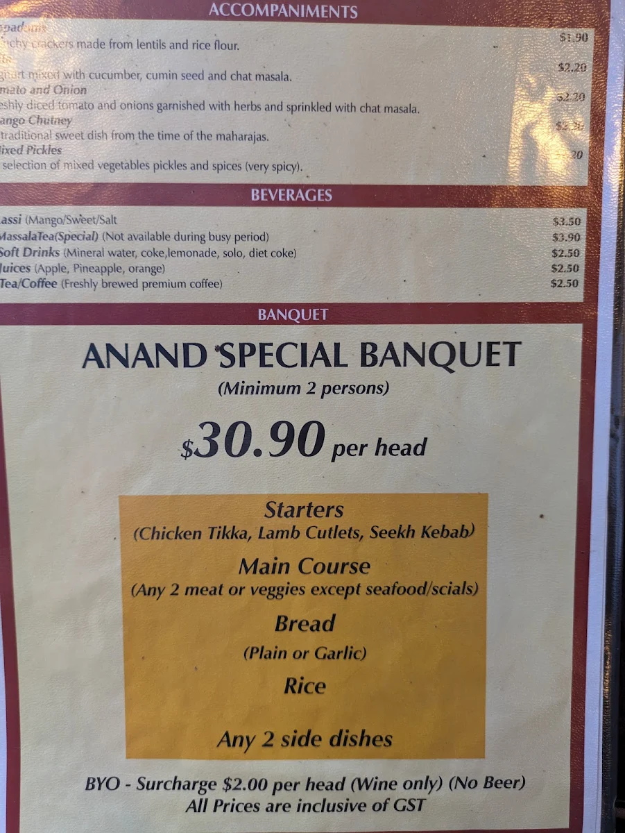 Menu, Anand Indian Restaurant