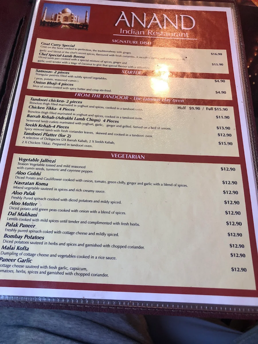 Menu, Anand Indian Restaurant
