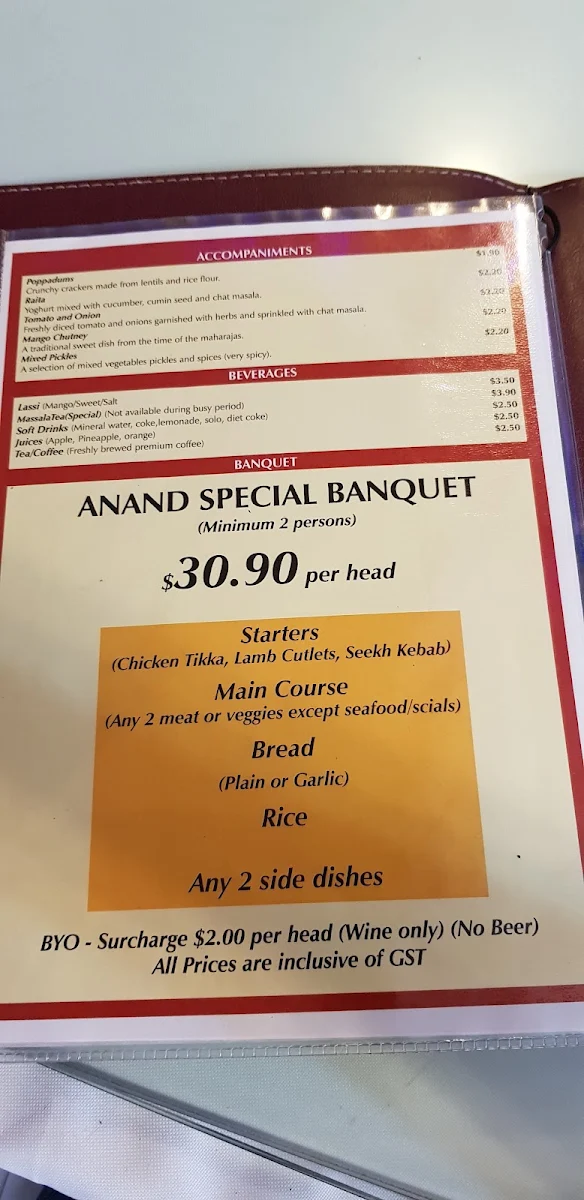 Menu, Anand Indian Restaurant
