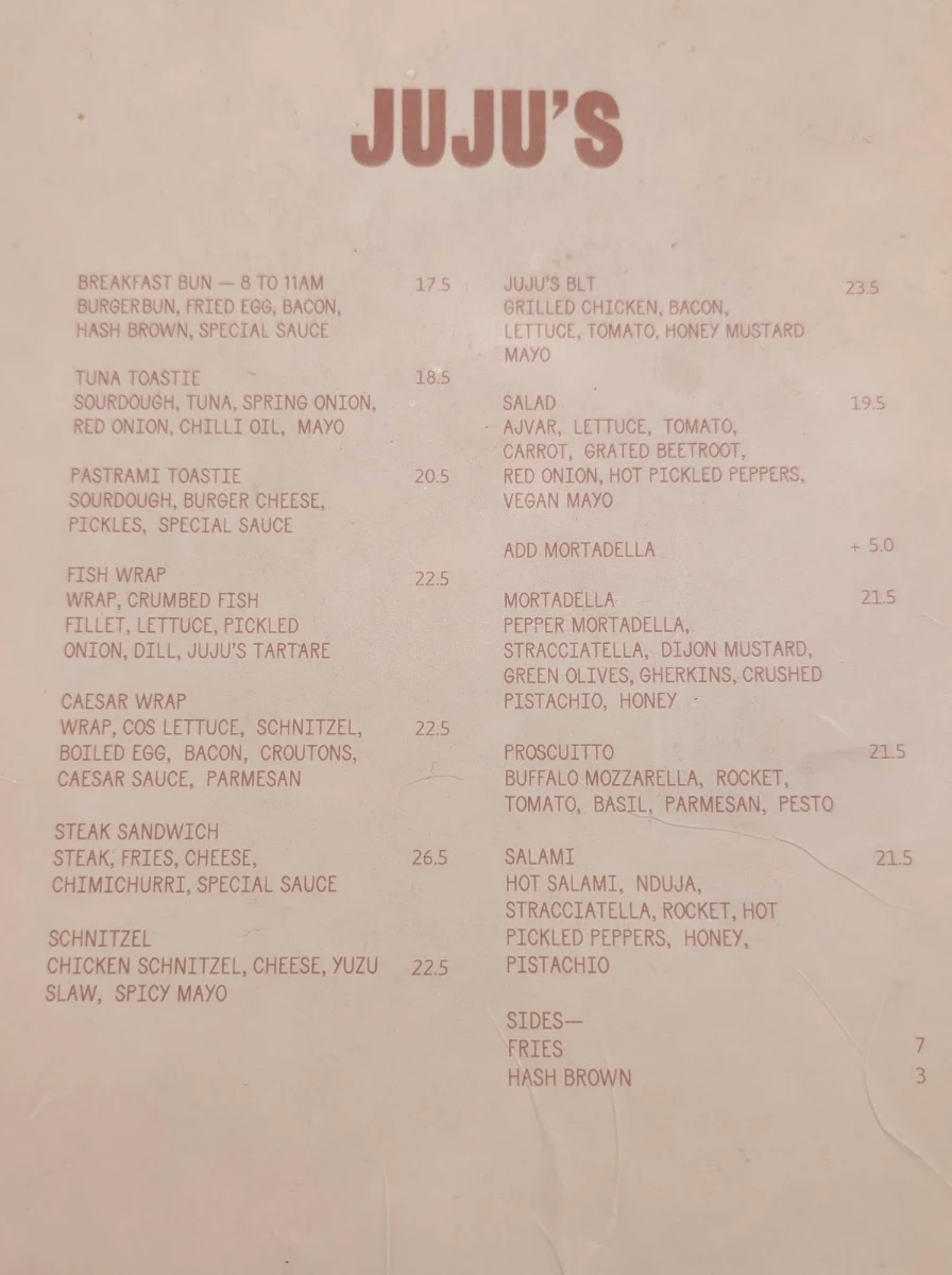 Menu, JUJU’S DELI SOUTH MELBOURNE