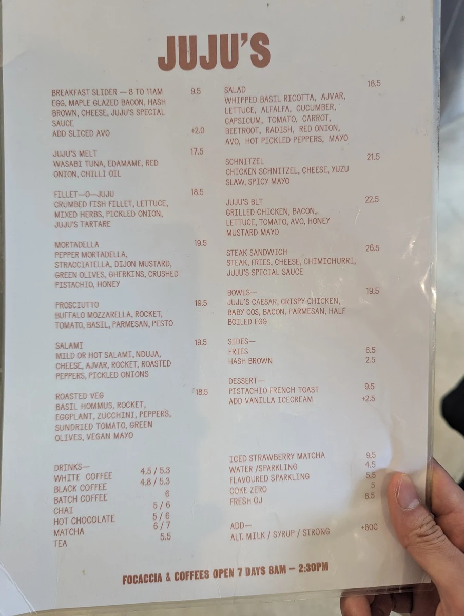 Menu, JUJU’S DELI SOUTH MELBOURNE