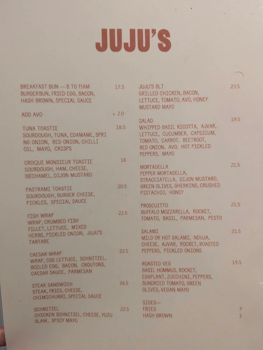 Menu, JUJU’S DELI SOUTH MELBOURNE