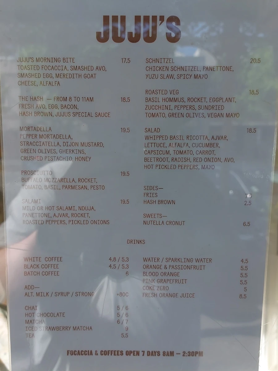 Menu, JUJU’S DELI SOUTH MELBOURNE