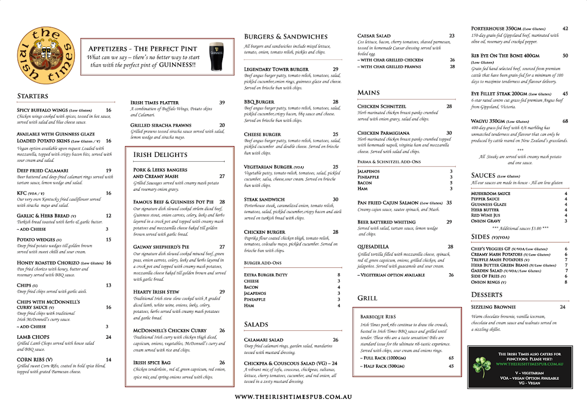 Menu, The Irish Times Pub