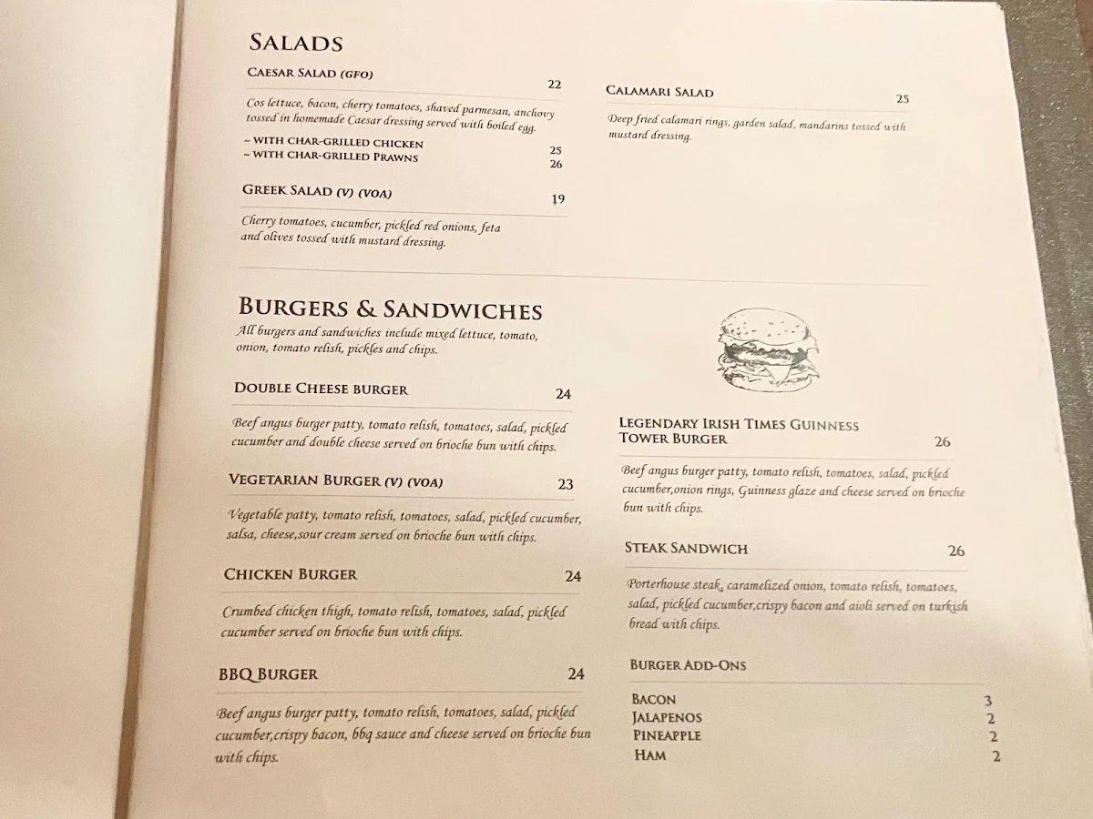 Menu, The Irish Times Pub