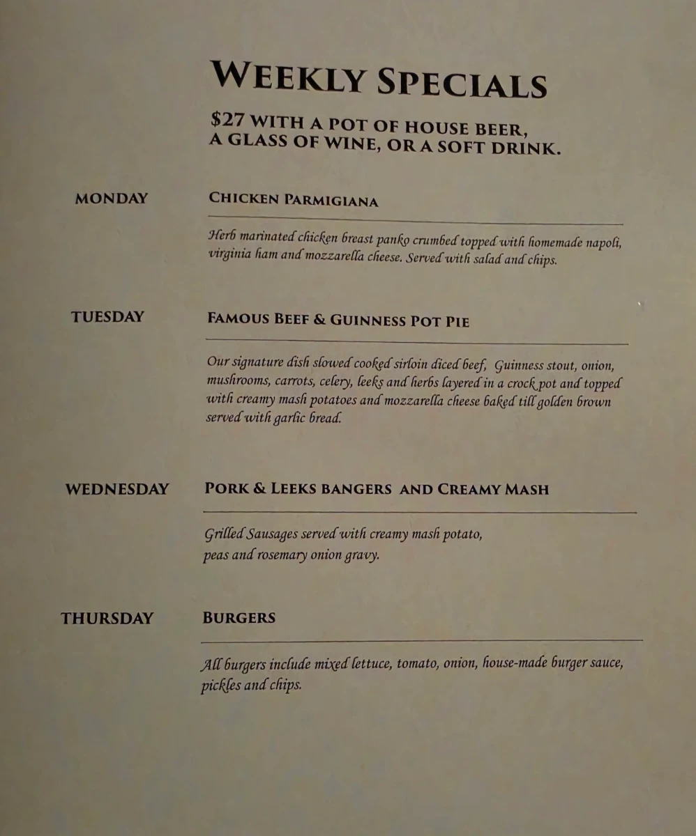 Menu, The Irish Times Pub