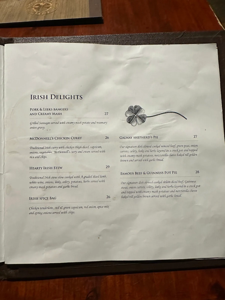 Menu, The Irish Times Pub