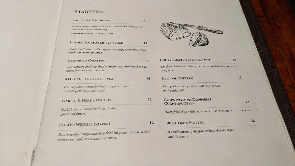 Menu, The Irish Times Pub