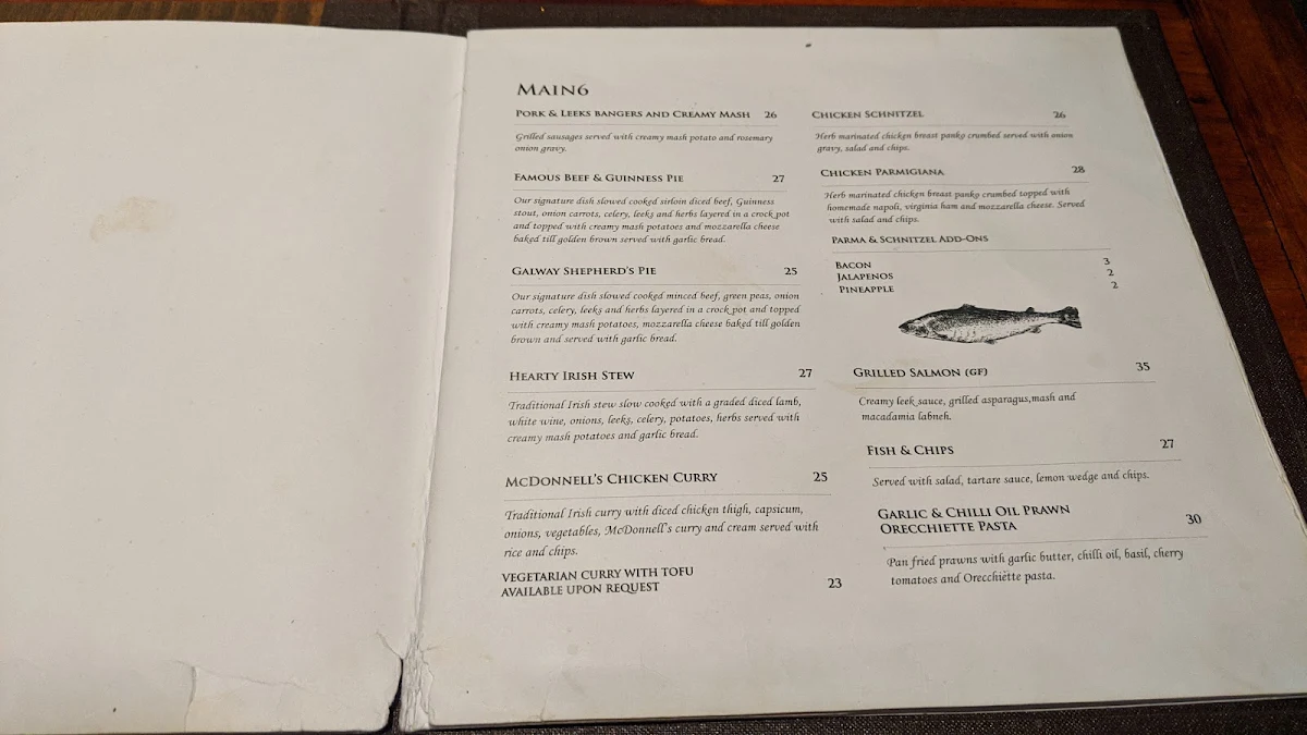 Menu, The Irish Times Pub