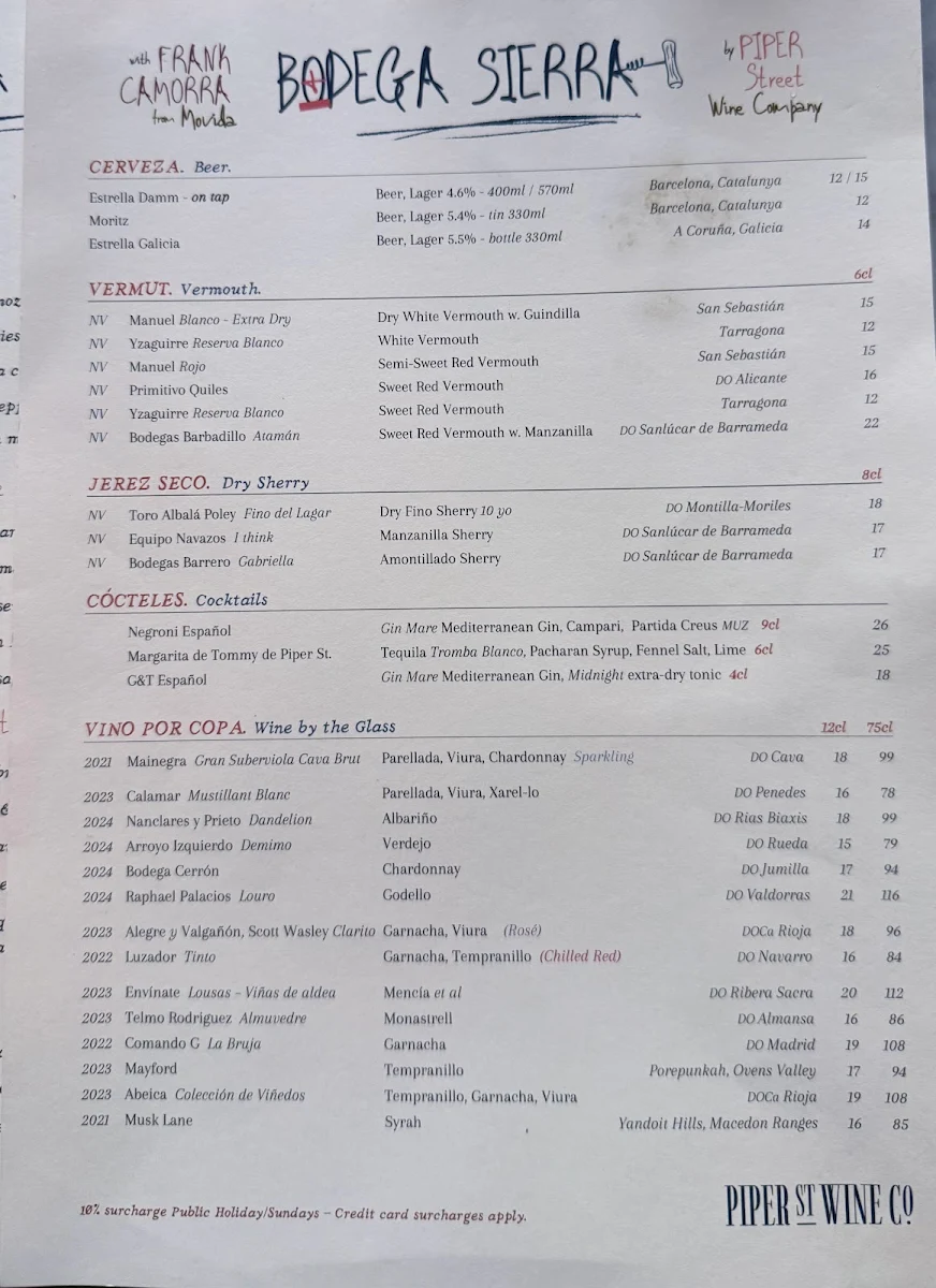Menu, The Piper Street Wine Company