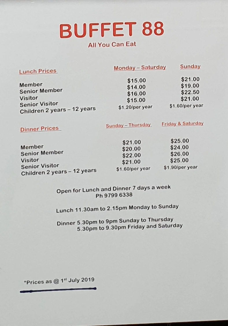 Menu, BUFFET 88
