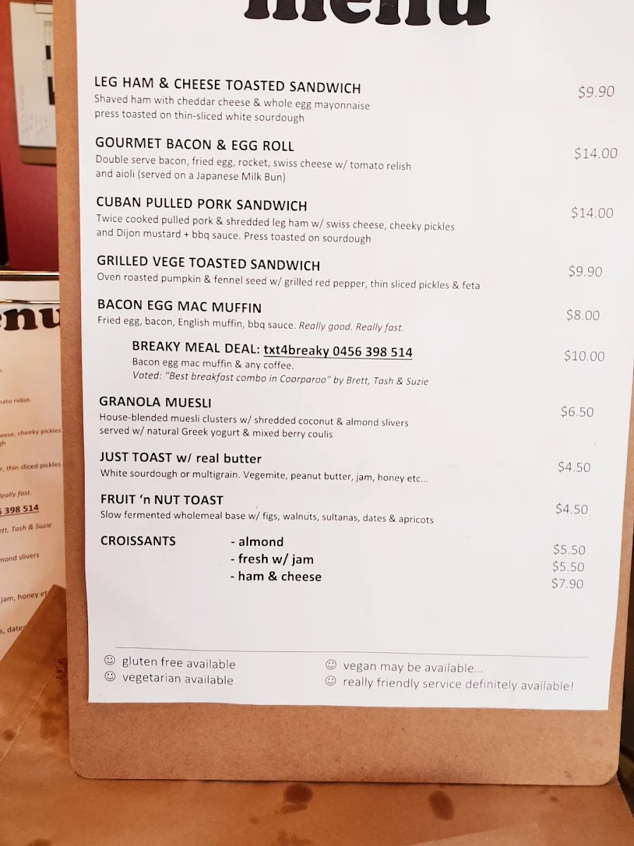 Menu, Eva Street Privateer