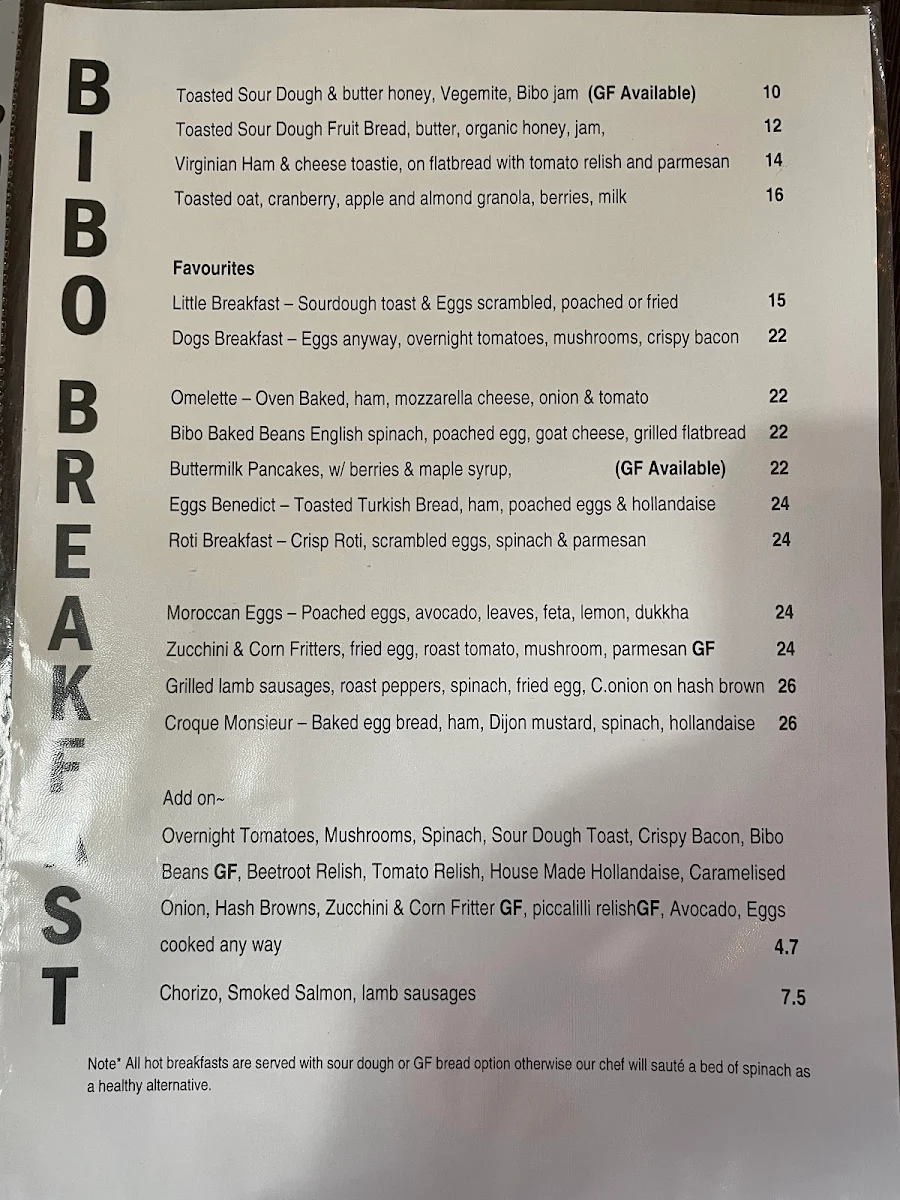 Menu, Bibo Cafe + Restaurant
