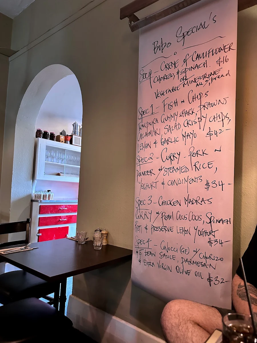 Menu, Bibo Cafe + Restaurant