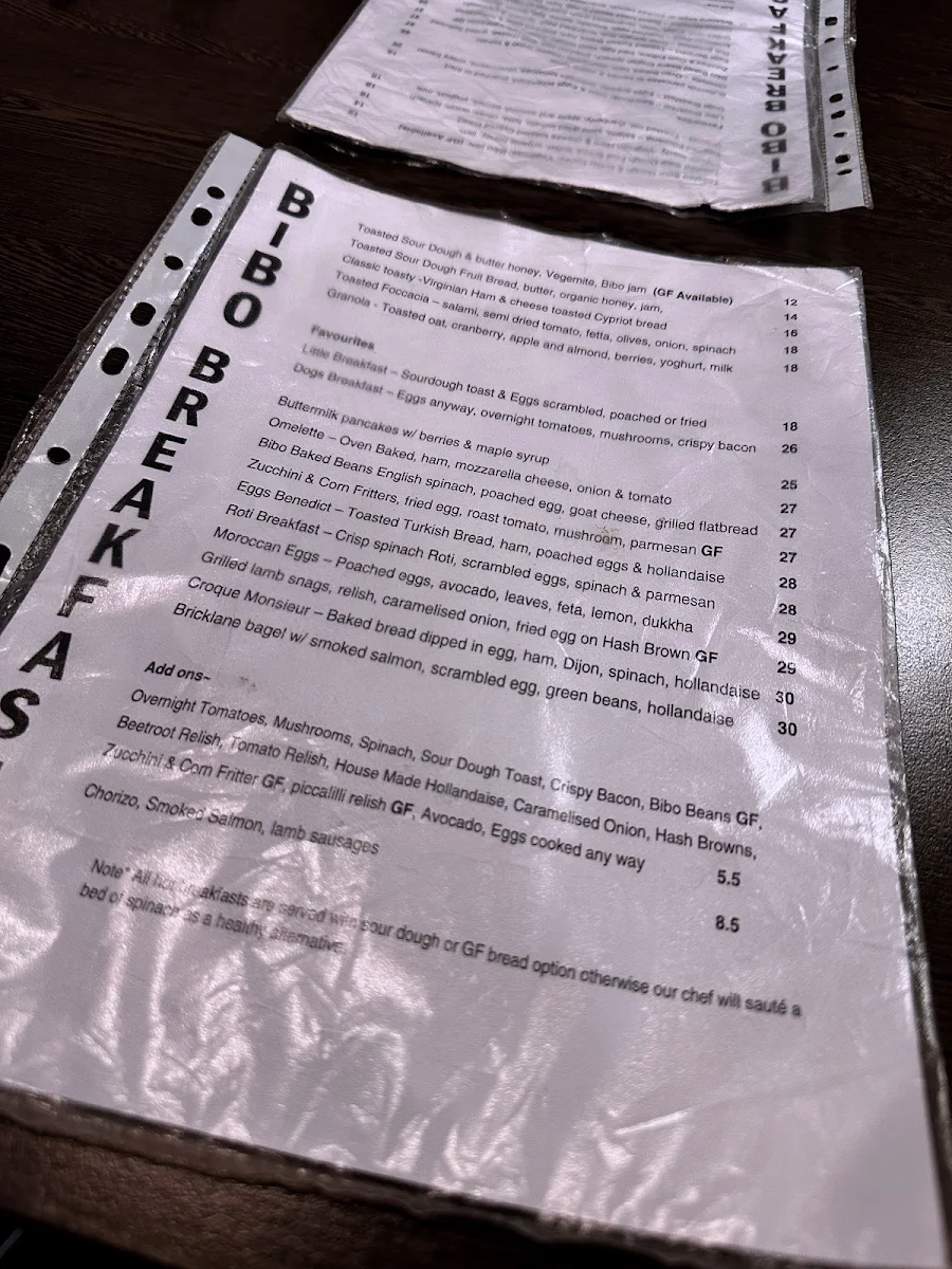 Menu, Bibo Cafe + Restaurant