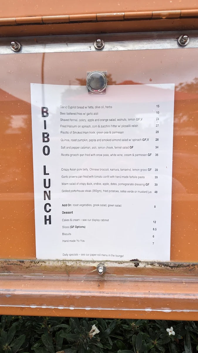 Menu, Bibo Cafe + Restaurant