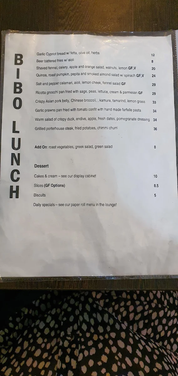 Menu, Bibo Cafe + Restaurant
