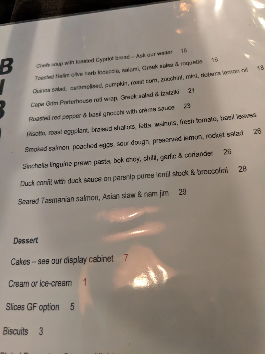 Menu, Bibo Cafe + Restaurant