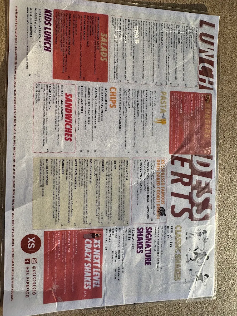 Menu, XS Espresso Kellyville Grove