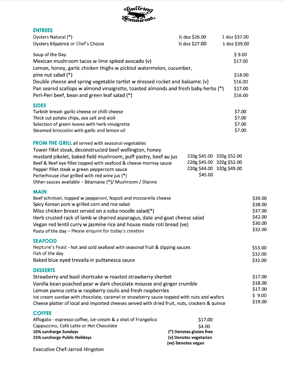 Menu, Bullring Restaurant