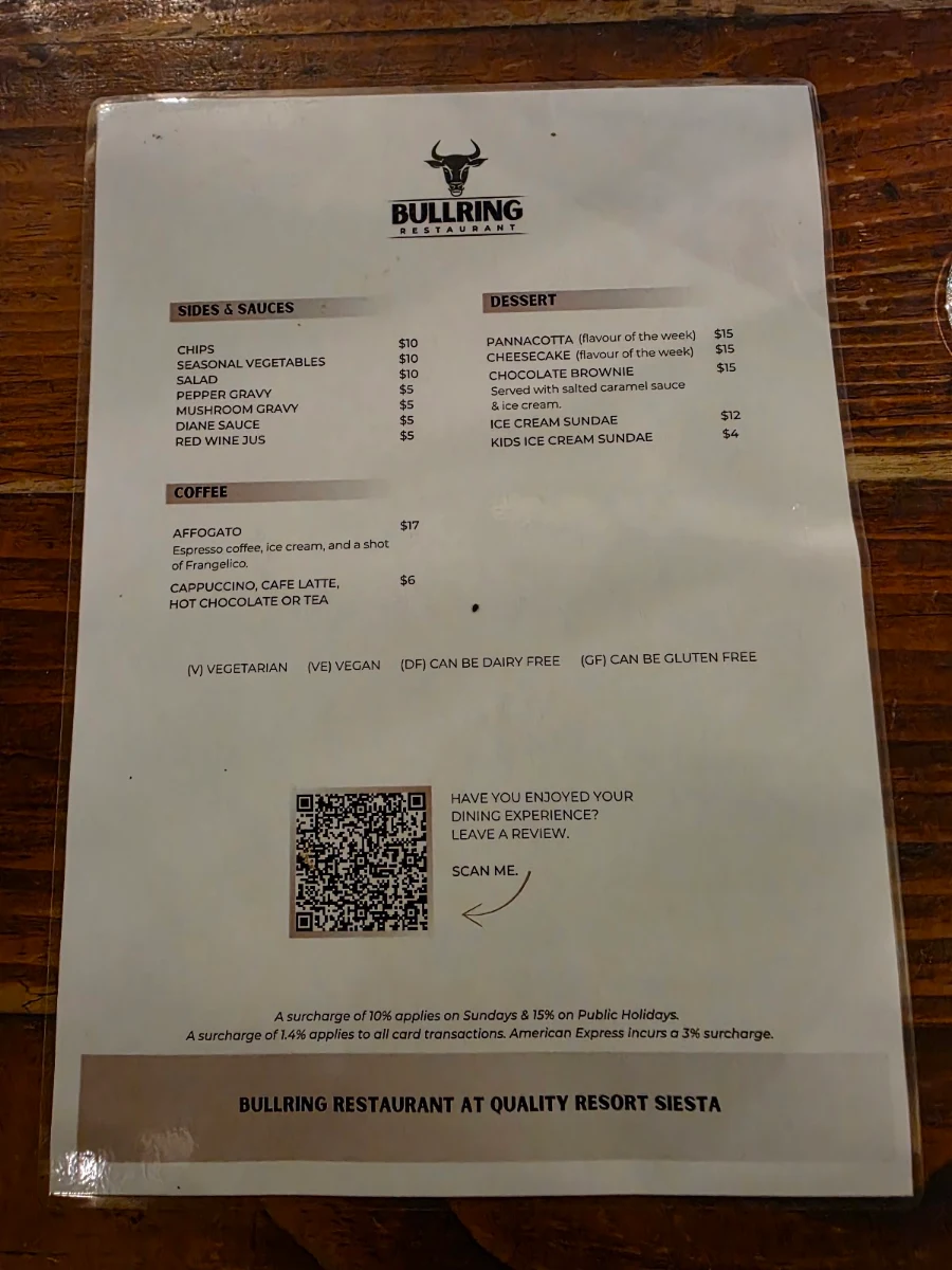 Menu, Bullring Restaurant