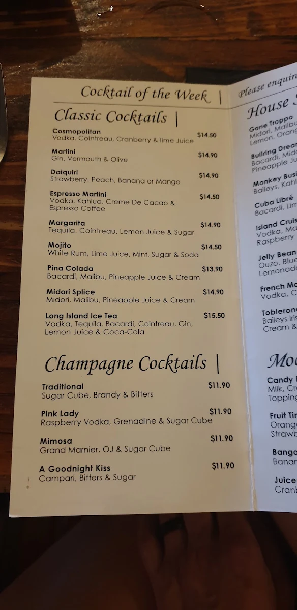 Menu, Bullring Restaurant
