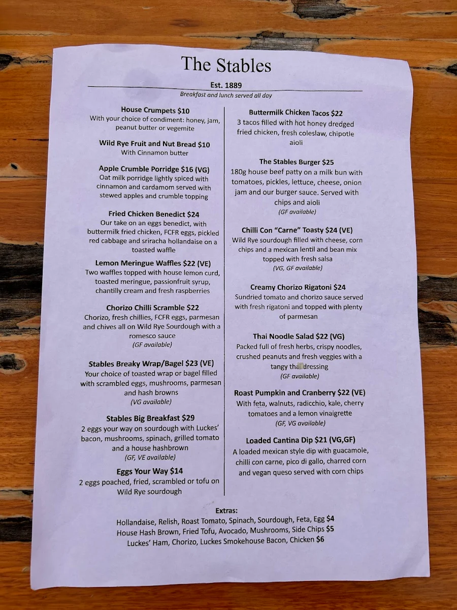 Menu, The Stables Cafe Est 1889