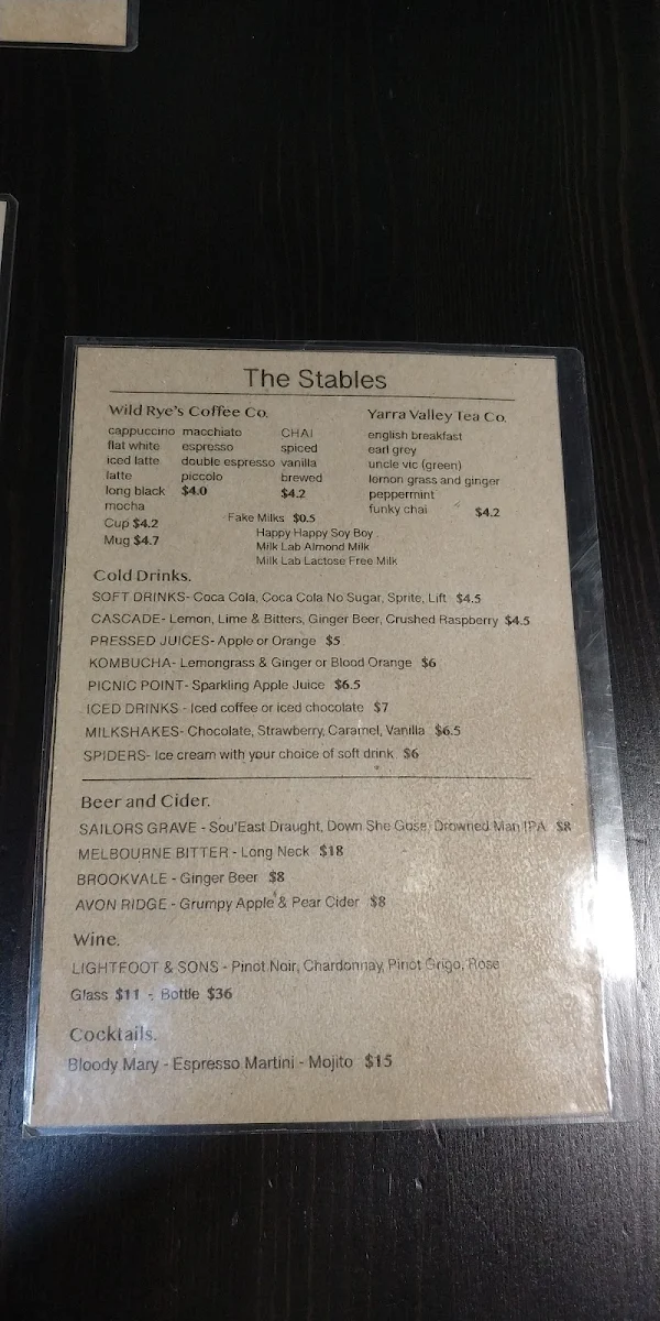 Menu, The Stables Cafe Est 1889