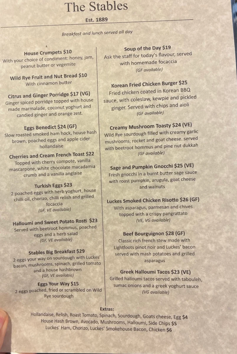 Menu, The Stables Cafe Est 1889