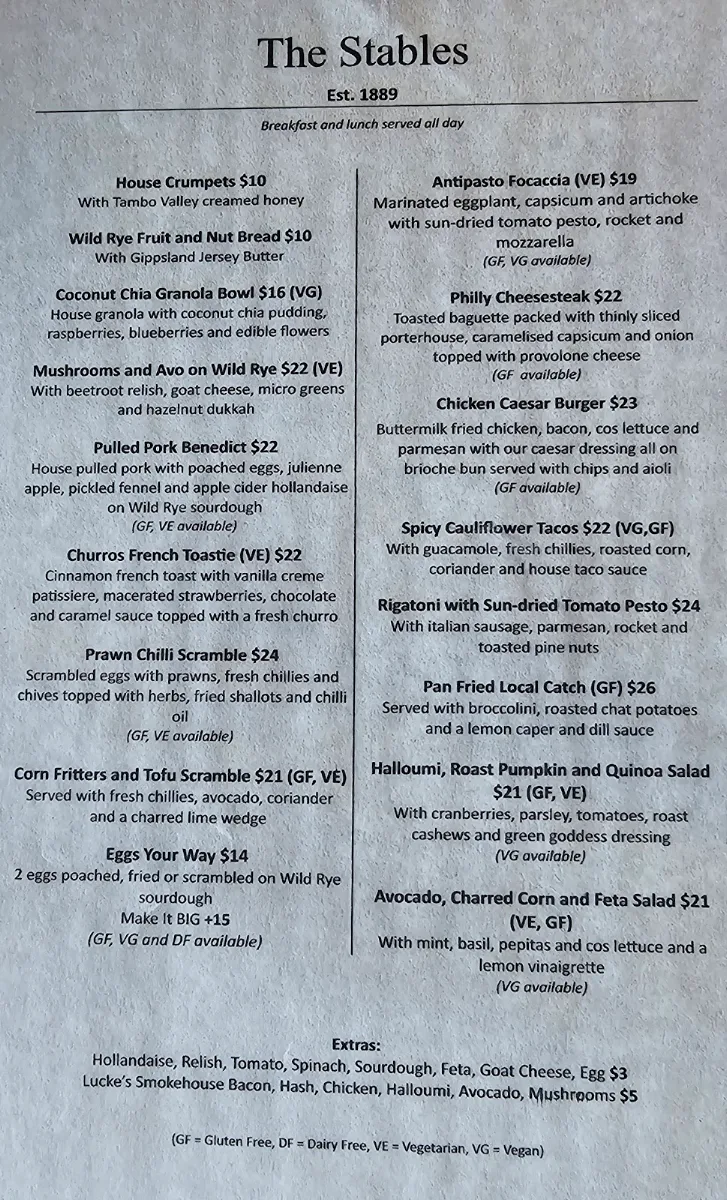 Menu, The Stables Cafe Est 1889