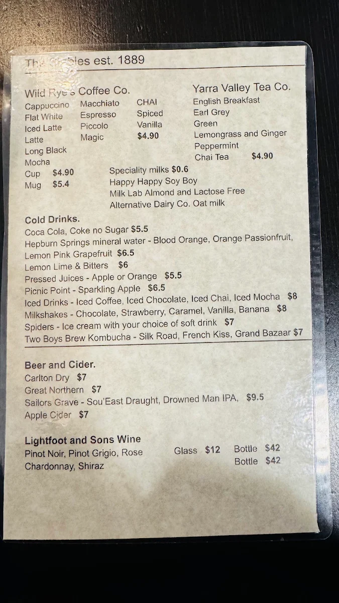 Menu, The Stables Cafe Est 1889