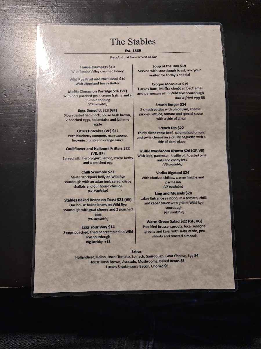 Menu, The Stables Cafe Est 1889