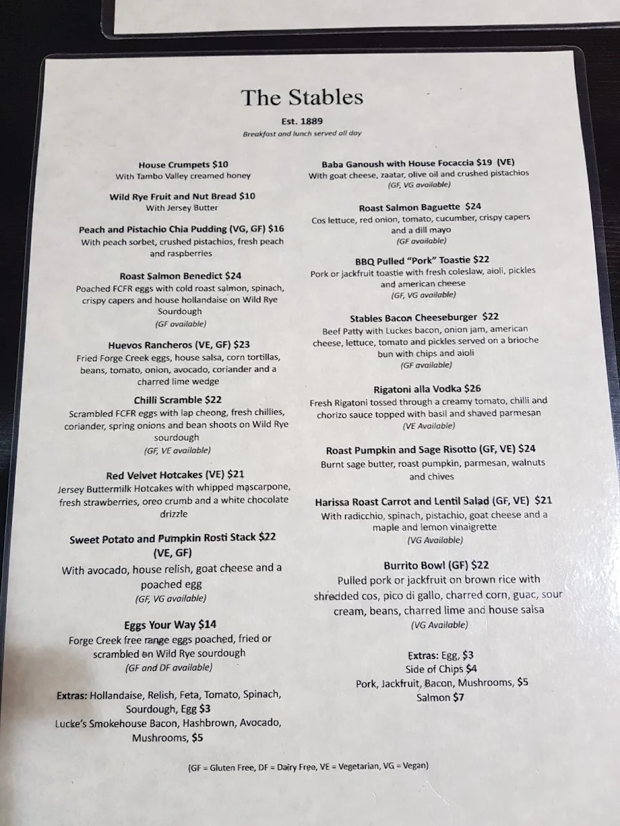 Menu, The Stables Cafe Est 1889